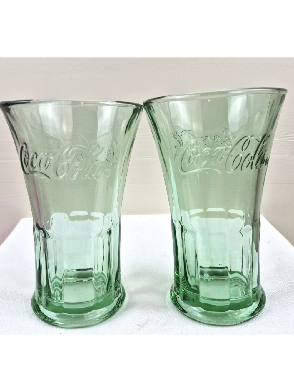 Coca Cola Green Glass Soda Fountain Tumblers Set of 2 Embossed 6 in